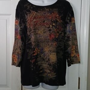 Christopher & Banks Bouquet de Fleurs floral print top Sz L EUC